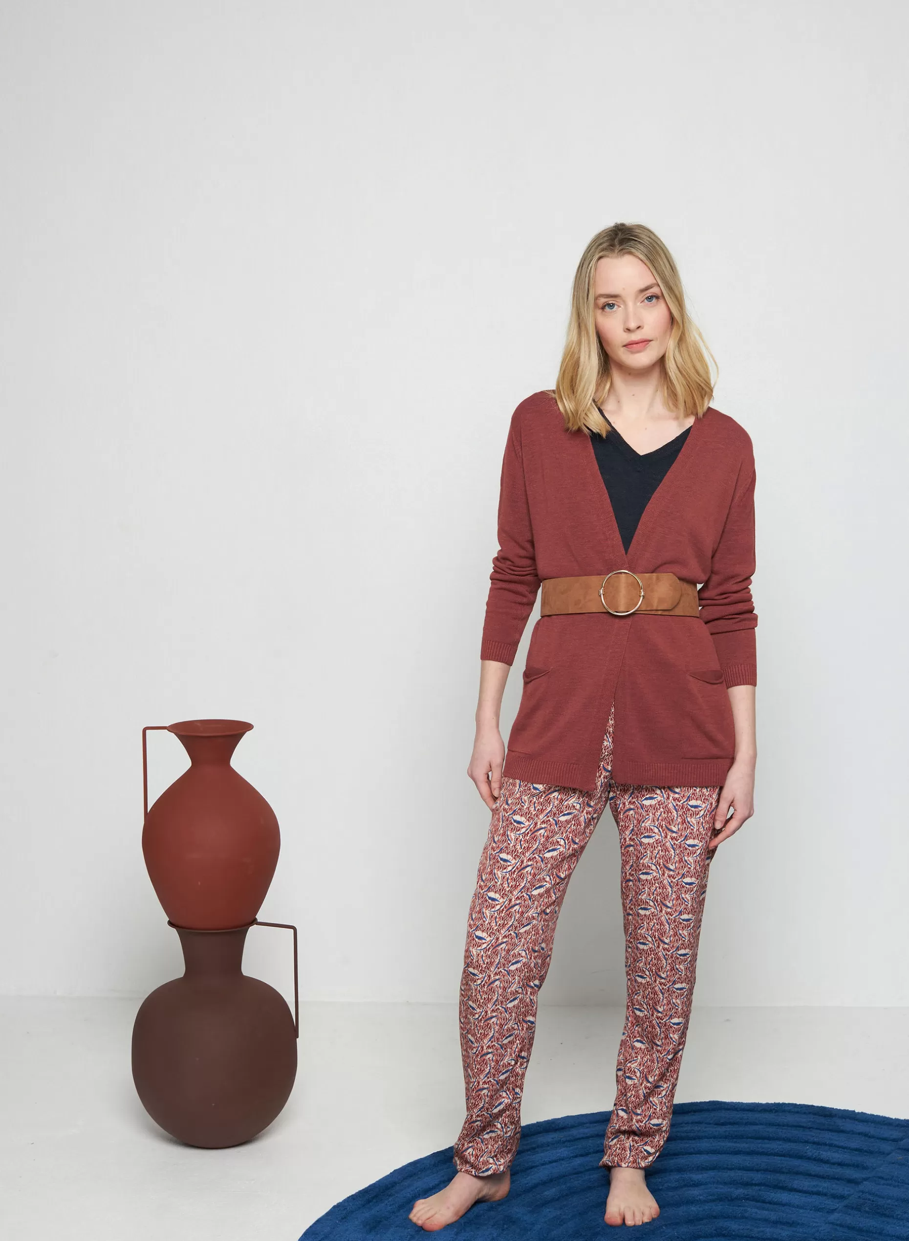 Maison Montagut Gilet Long Avec Poches En Lin Flamme - Tabata>Femme Vestes Et Gilets